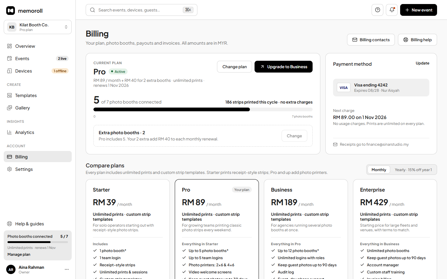 Memoroll dashboard: the Billing and plan page