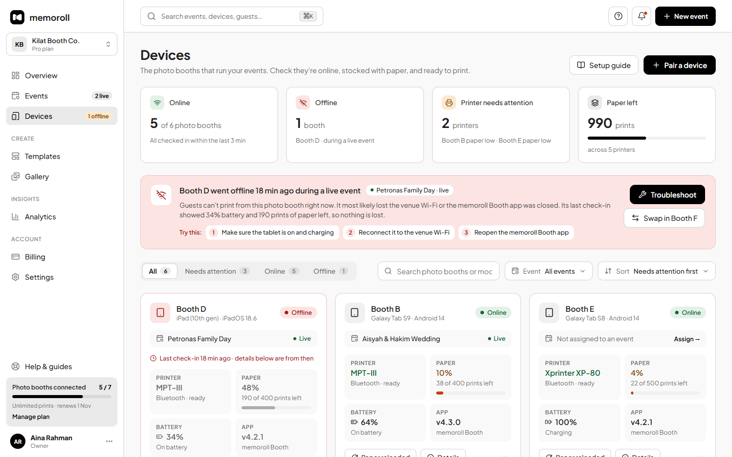 Memoroll dashboard: the Devices page with online, offline and paper status