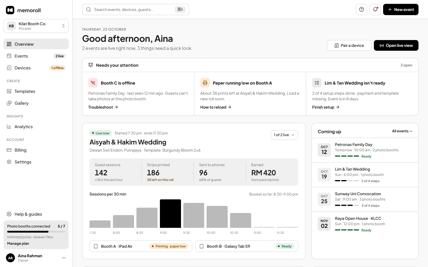 Memoroll dashboard: the Home page with a live wedding and its sessions and prints