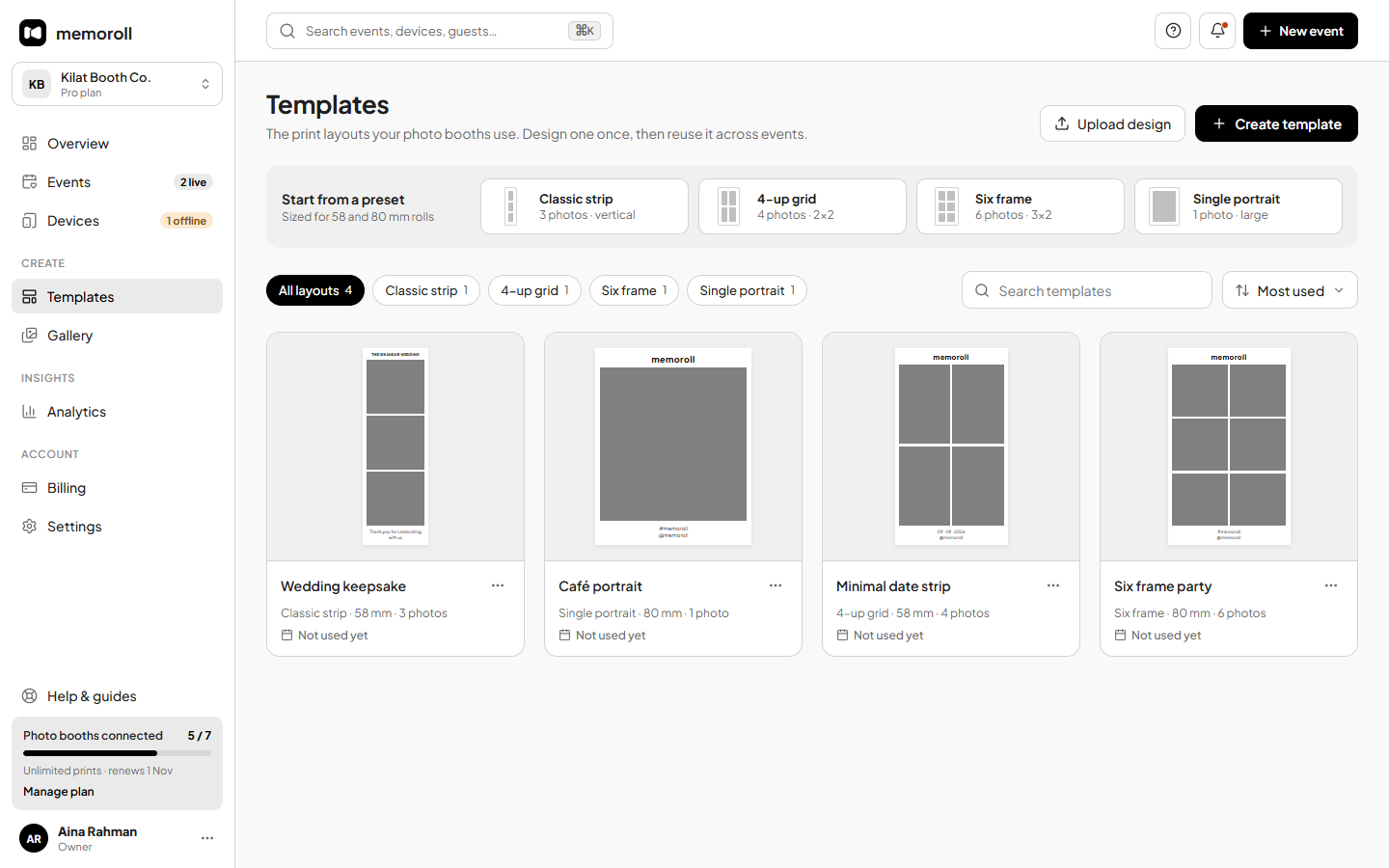 Memoroll dashboard: strip templates